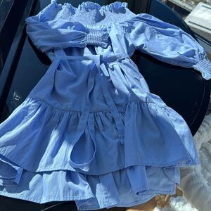 Pinstripe blue/white off-the-shoulder dress